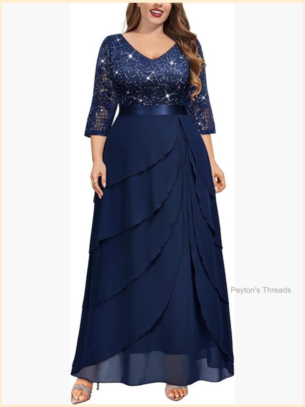 Plus Size Sequin Lace Ruffle Tiered Chiffon Formal Maxi Dress V Neck